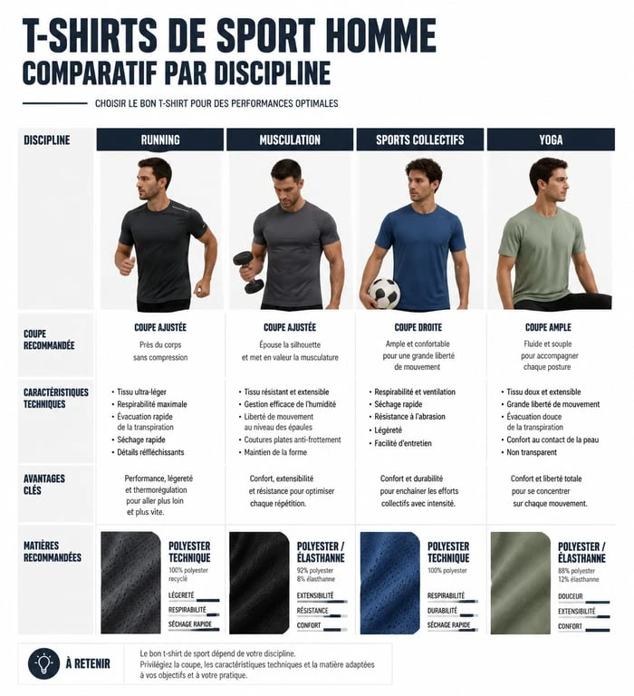 Infographie comparative des t-shirts de sport homme par discipline et matière