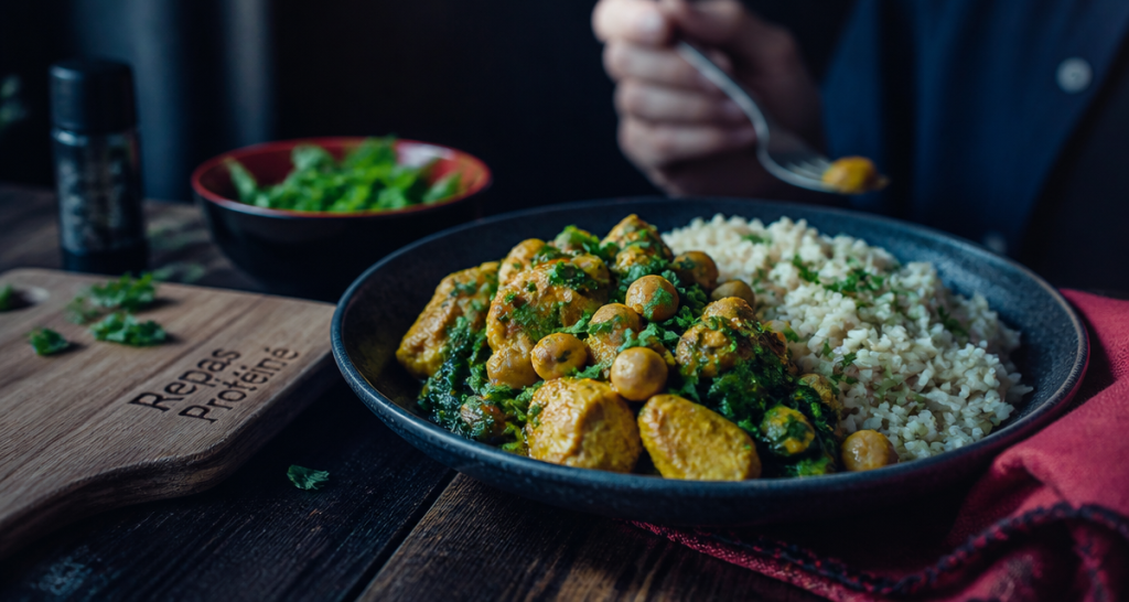 Repas riche en proteine avec curry poulet pois chiches