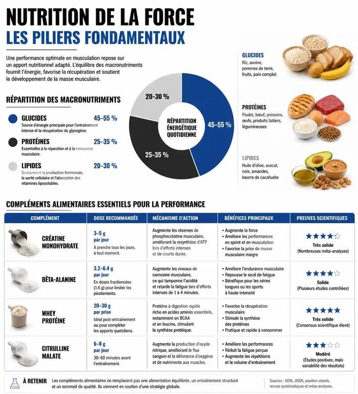 Infographie sur la nutrition de la force : répartition des macronutriments et compléments alimentaires pour la performance