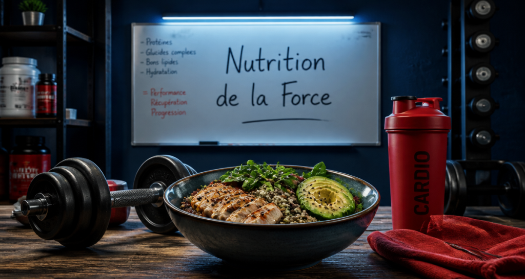 Bol sportif nutrition de la force avec haltères et shaker