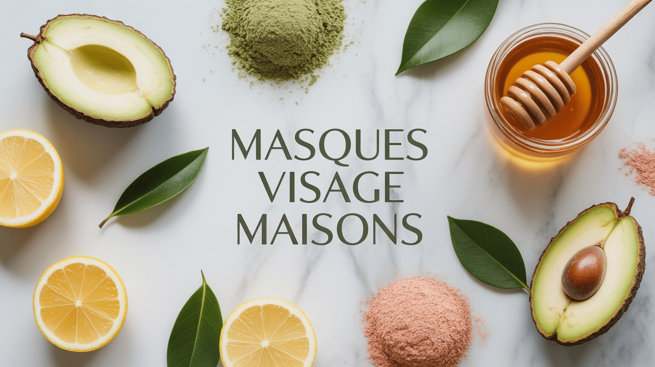 ingredients naturels pour 28 recettes masque visage maison sur marbre blanc