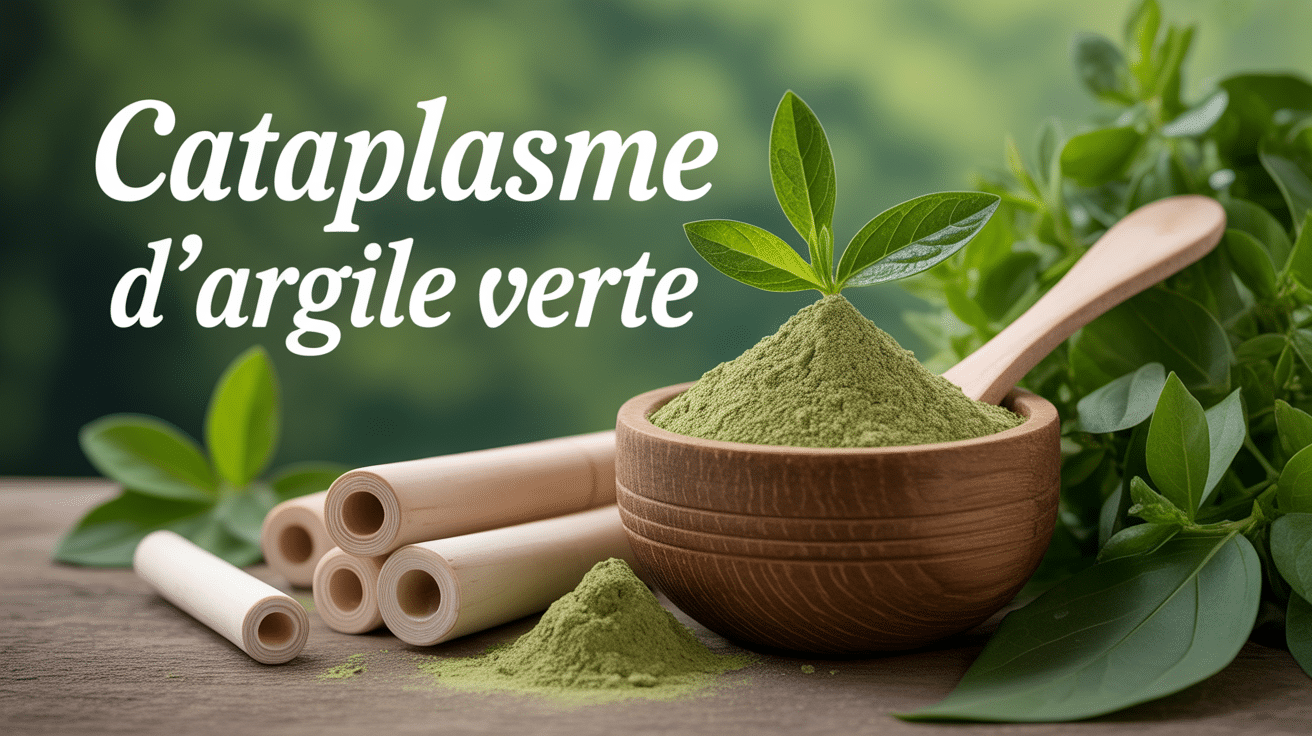 Bol en bois avec cataplasme argile verte pate epaisse spatule tubes fond feuilles vertes