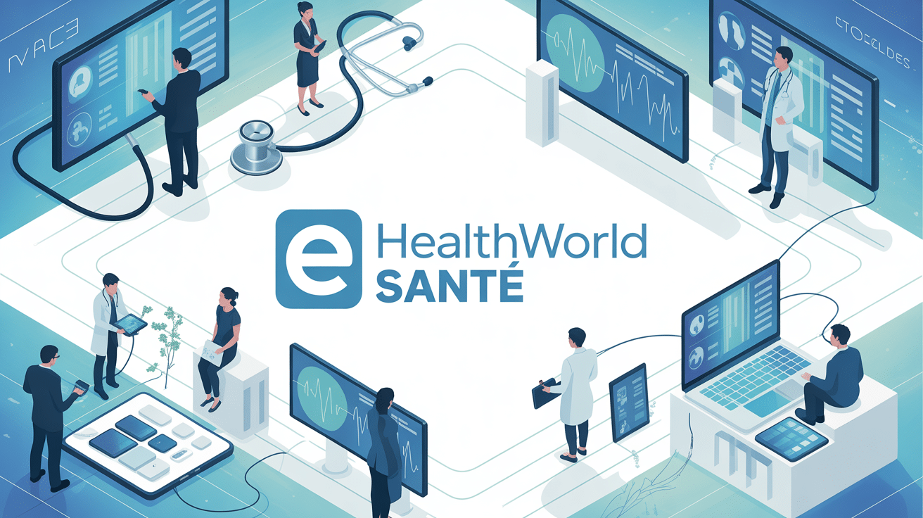 professionnels santé silhouettes autour écrans holographiques e healthworld santé