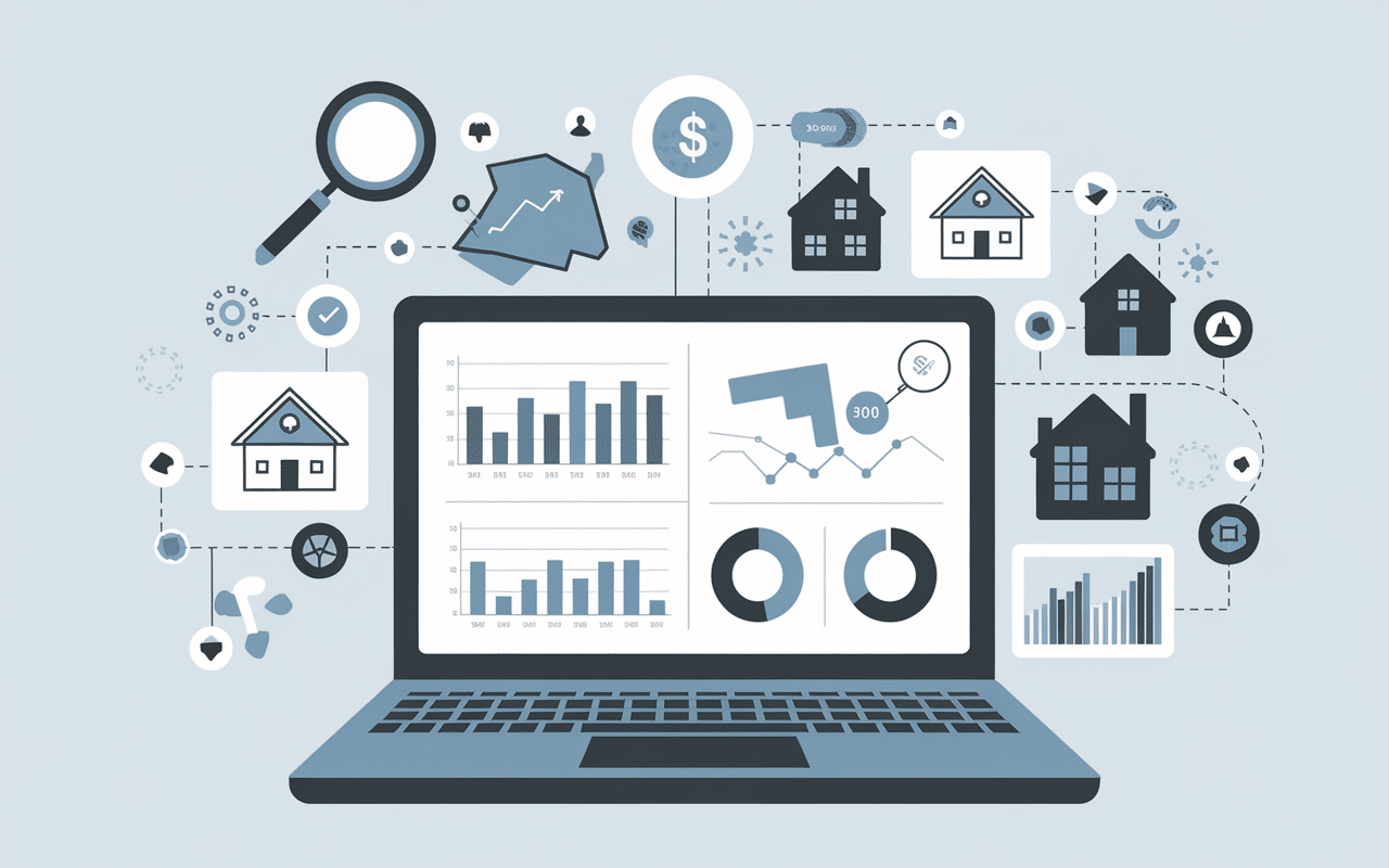 Ordinateur avec tableau de bord analyse immobilier fimmnet com