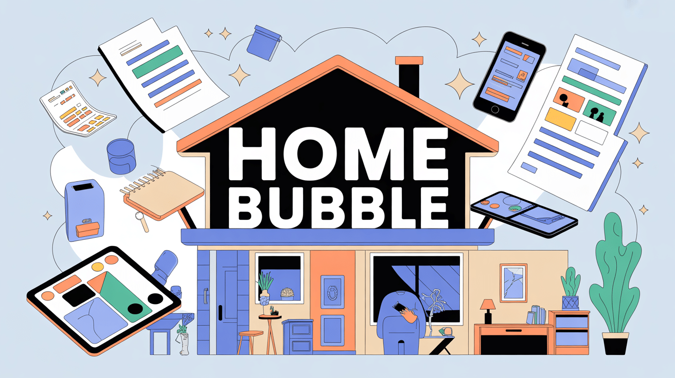 Illustration maison moderne avec documents numeriques Home Bubble