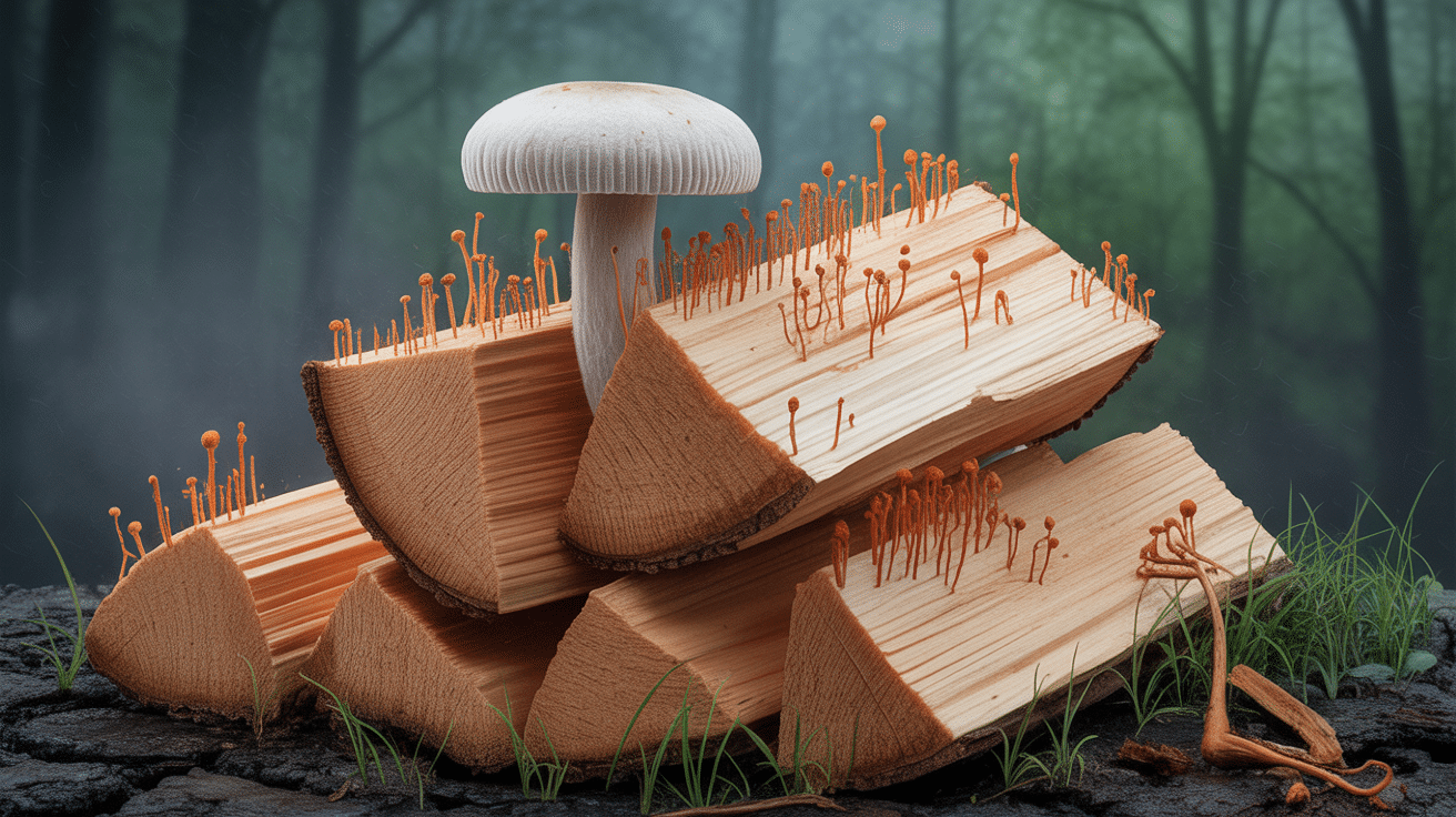 tas bois chauffage merule champignon blanc gris filaments spores