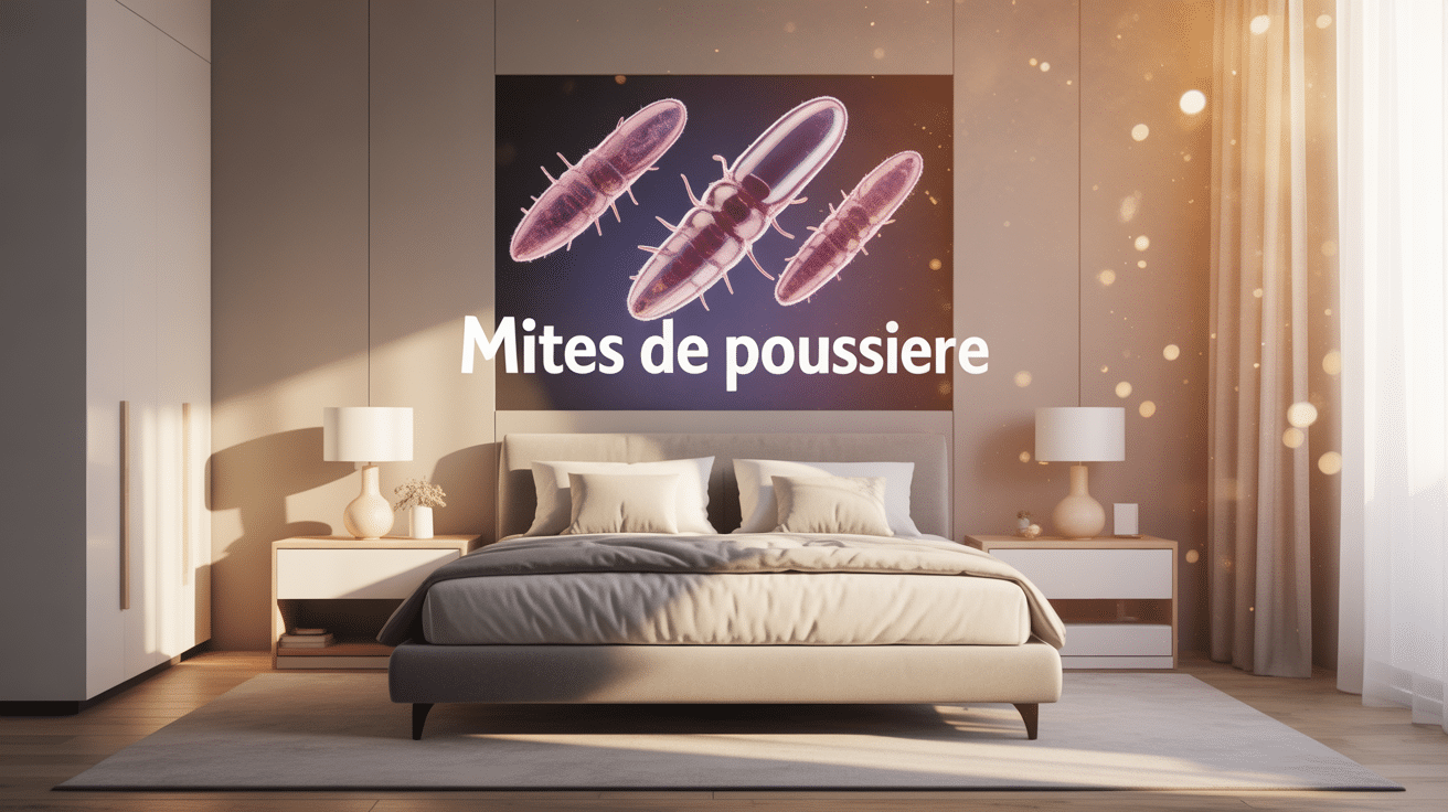 Illustration mites de poussière dans chambre moderne