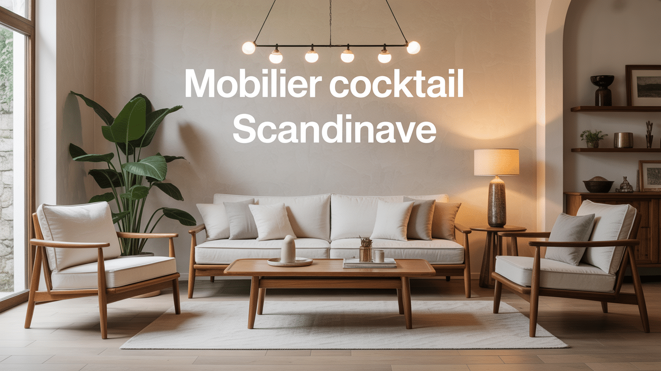 Salon avec mobilier cocktail scandinave en bois massif