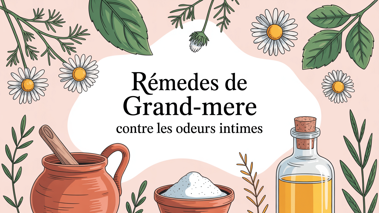 illustration remede de grand mere contre les odeurs intimes avec camomille yaourt bicarbonate et huile essentielle