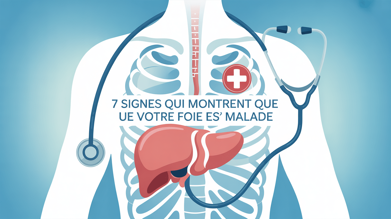 Illustration avec foie et symboles de santé pour 7 signes foie malade