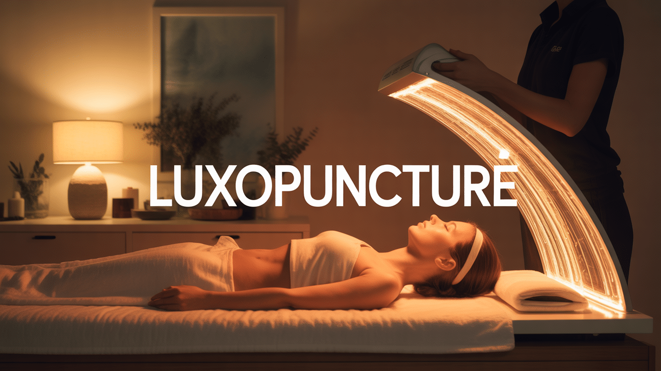 Seance de luxopuncture avec faisceau lumineux infrarouge doux et atmosphere zen
