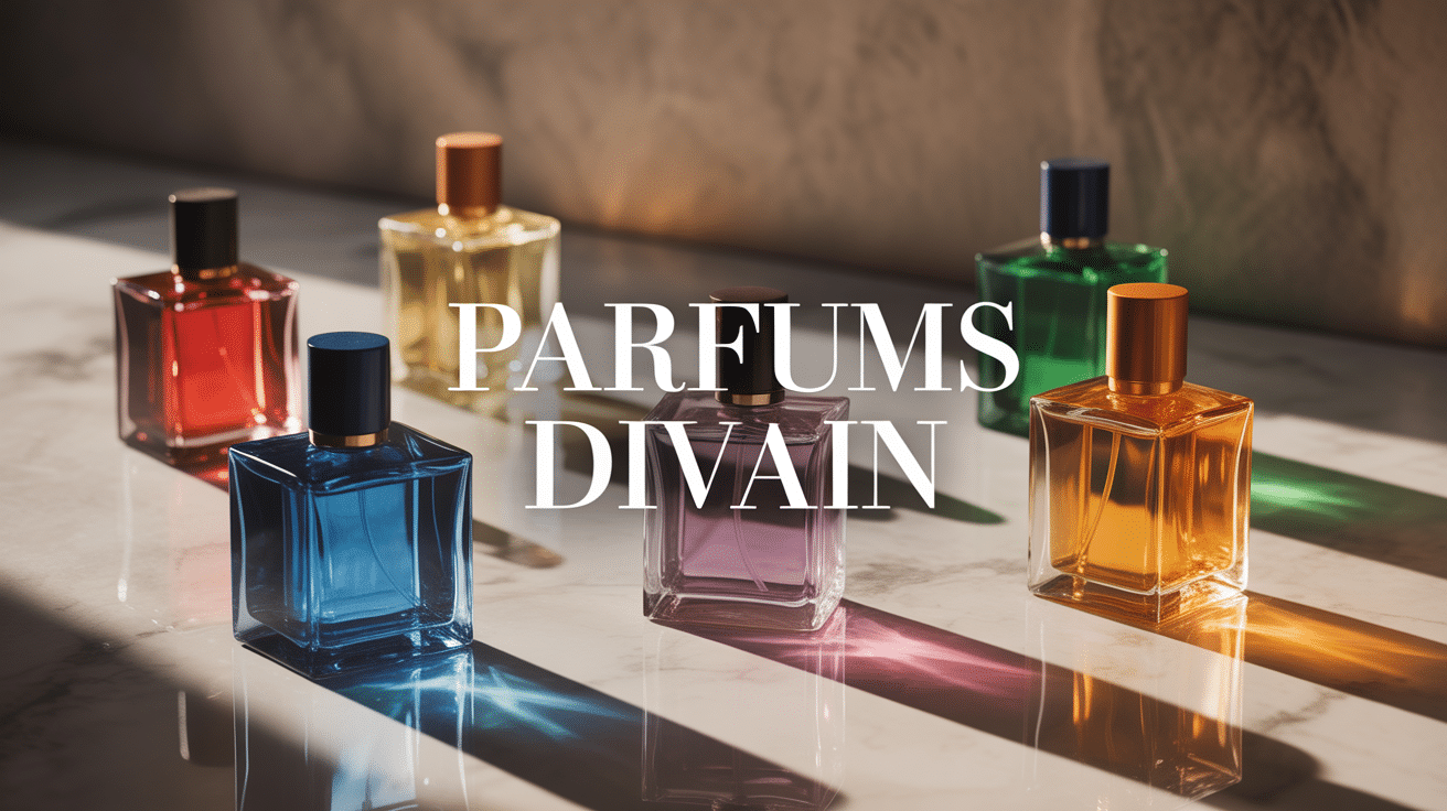 Flacons divain parfum colorés sur surface marbrée