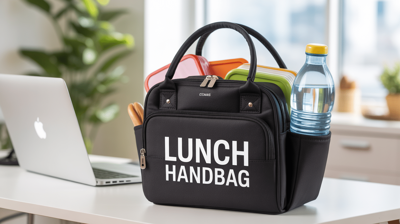 Lunch handbag noir avec repas sur bureau