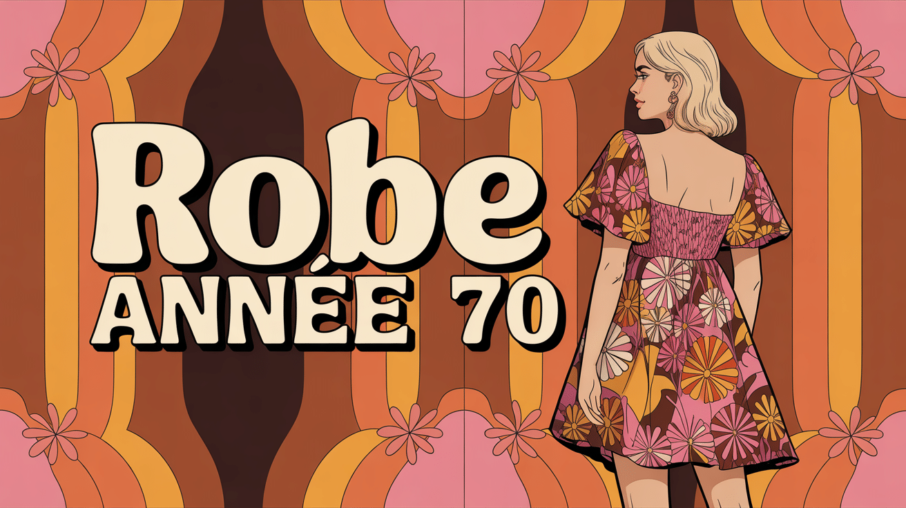 Femme robe année 70 fluide manches évasées décor vintage