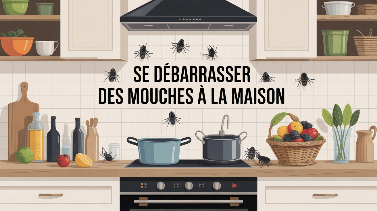 Mouche à la maison dans une cuisine moderne avec fruits et poubelle