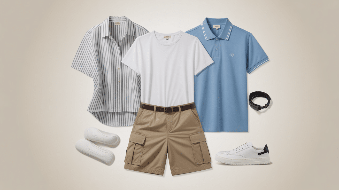 Short cargo avec différents hauts et accessoires