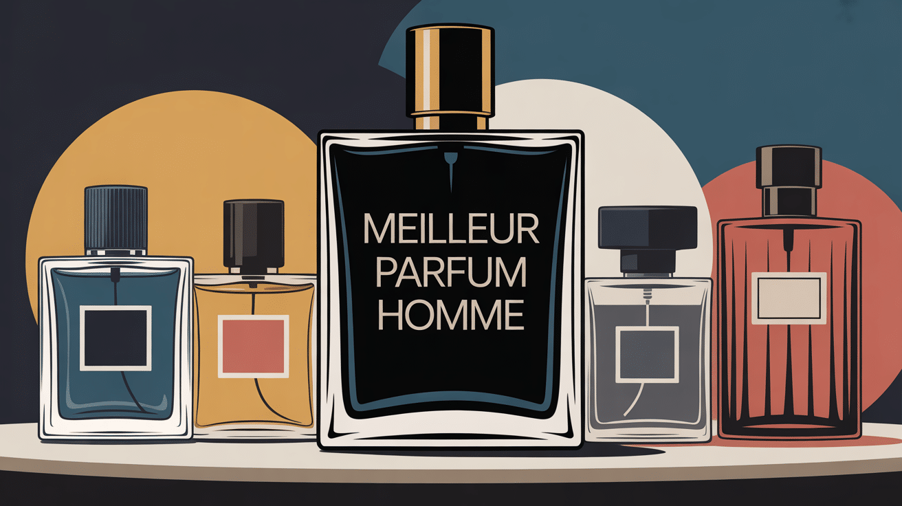 Illustration univers meilleur parfum homme, silhouettes et flacons modernes