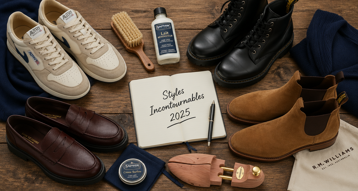 chaussure homme tendance 2025 quatre styles sur plateau bois