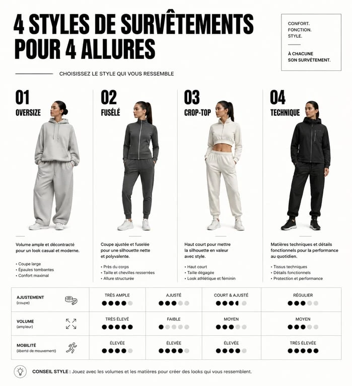 Infographie des coupes de survêtement tendance femme : oversize, fuselé, crop-top et technique.