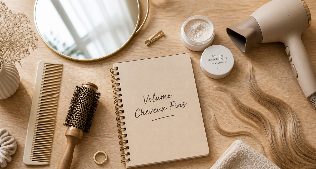 Coiffure cheveux fins flat-lay accessoires
