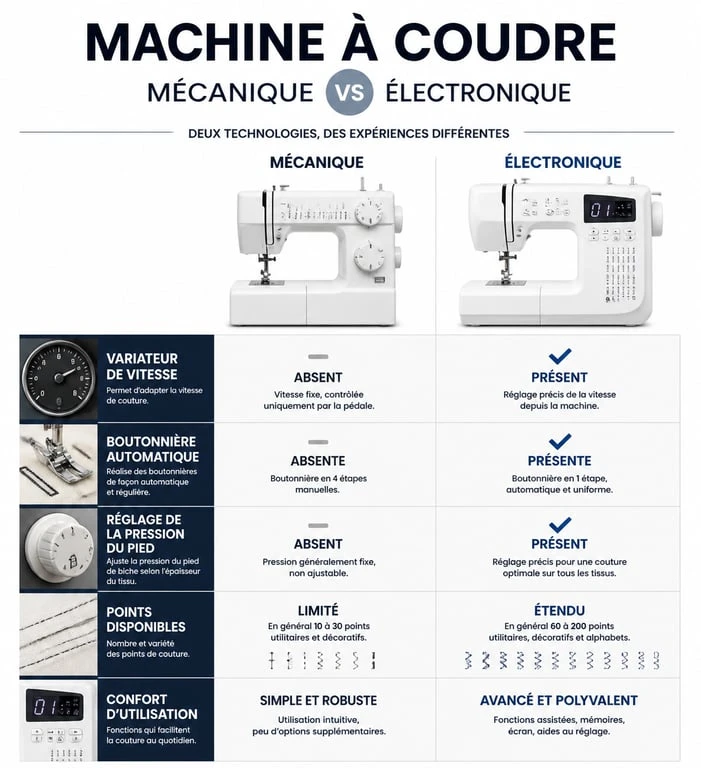 Comparatif des fonctionnalités entre machine à coudre mécanique et électronique pour bien choisir son modèle