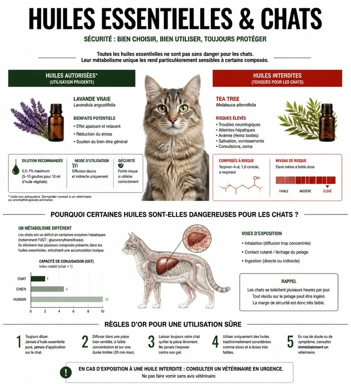 Infographie comparative des huiles essentielles autorisées et interdites pour le traitement anti-puce du chat