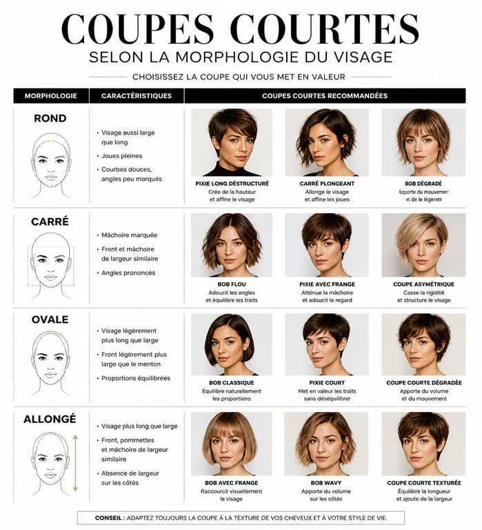 Infographie des meilleures coupes de cheveux courtes femme 2025 selon la morphologie du visage