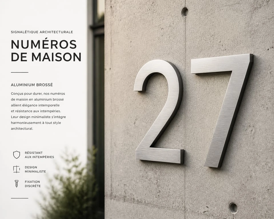 Numéro de maison design en aluminium brossé sur façade moderne