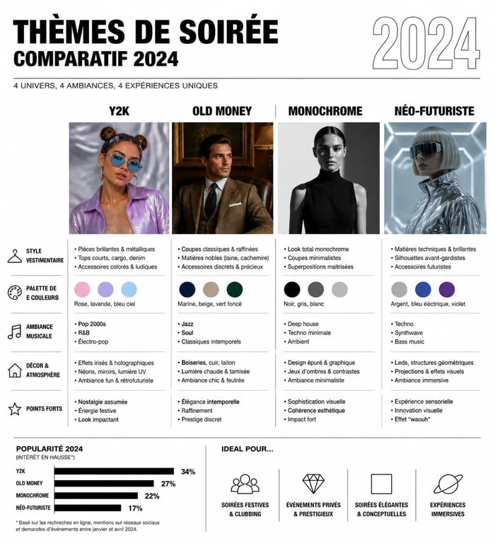 Infographie comparative des thèmes de soirée tendance 2024 pour organiser un événement réussi