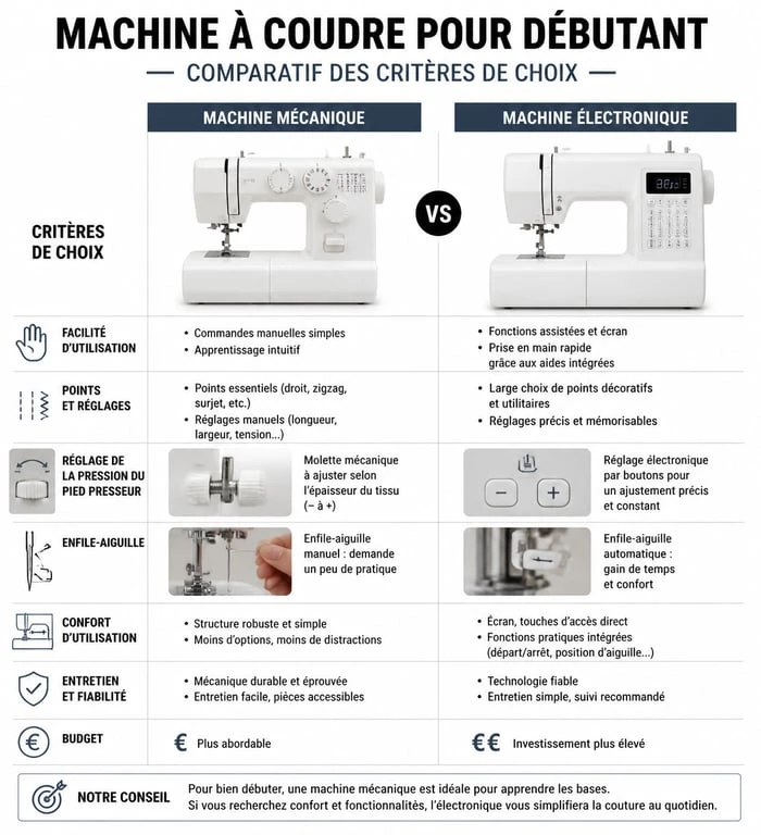 Infographie comparative pour choisir la meilleure machine à coudre débutant entre modèles mécaniques et électroniques