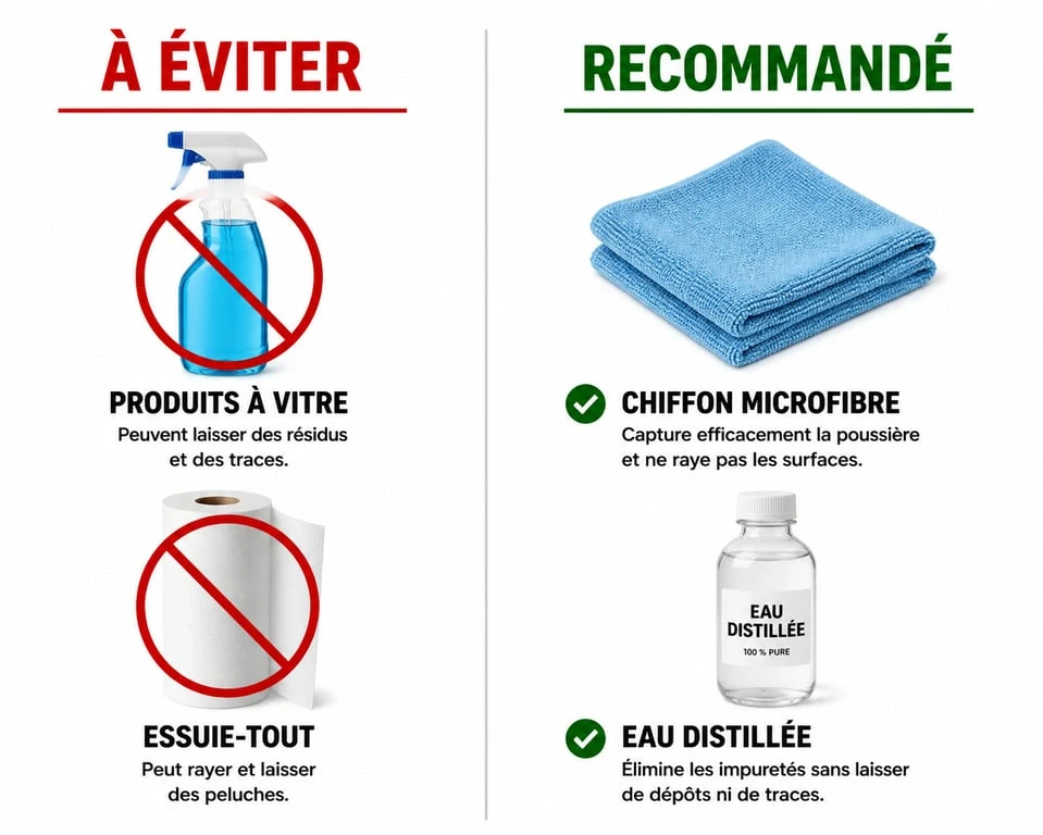 Infographie comparative des méthodes de nettoyage pour écran TV : produits à éviter versus solutions recommandées