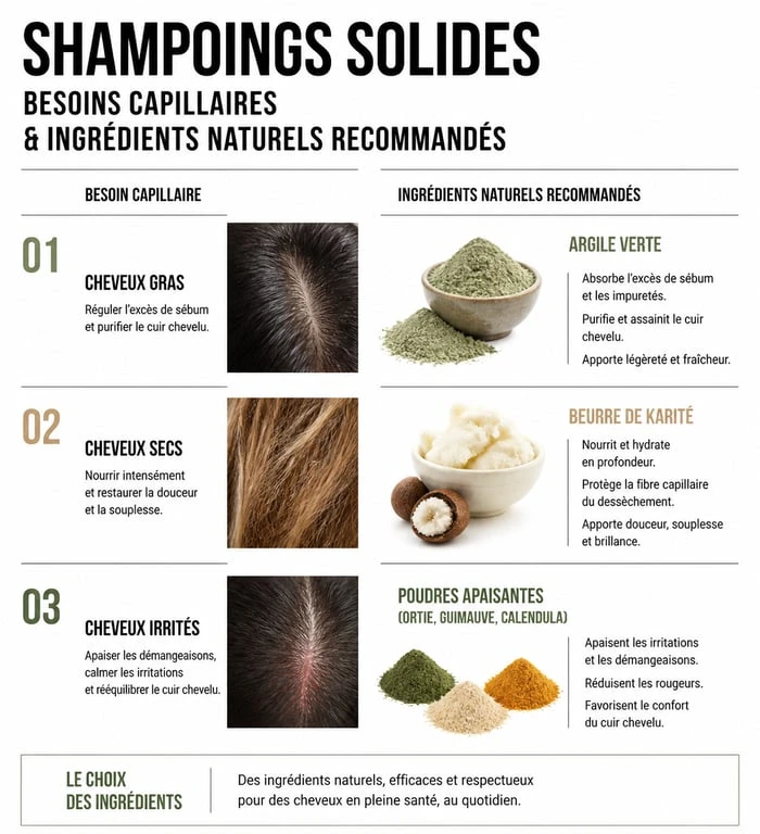 Infographie guide de choix shampoing solide selon le type de cheveux