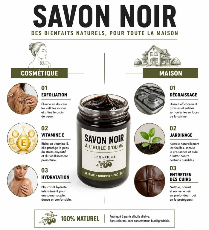 Infographie des bienfaits du savon noir pour la peau et la maison