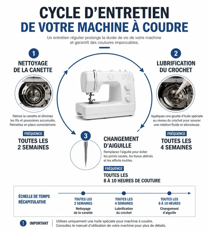 Infographie sur l'entretien régulier d'une machine à coudre pour prolonger sa durée de vie