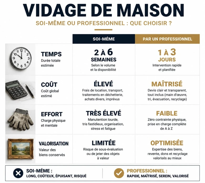 Comparatif entre le vidage de maison par soi-même et par une entreprise de débarras professionnelle