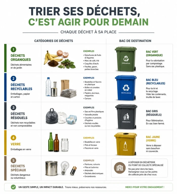 Infographie des consignes de tri sélectif pour jeter dans la poubelle correctement