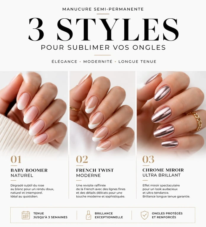 Exemples de modèles de vernis semi-permanent : Baby Boomer, French Twist et effet chrome