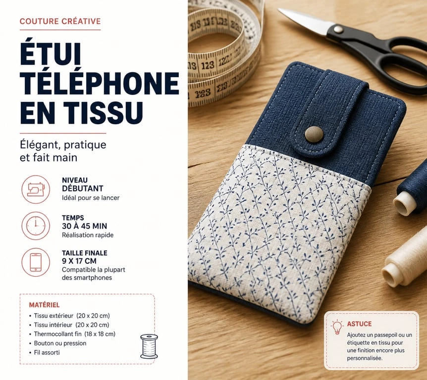 Pochette en tissu pour téléphone portable faite main avec accessoires de couture