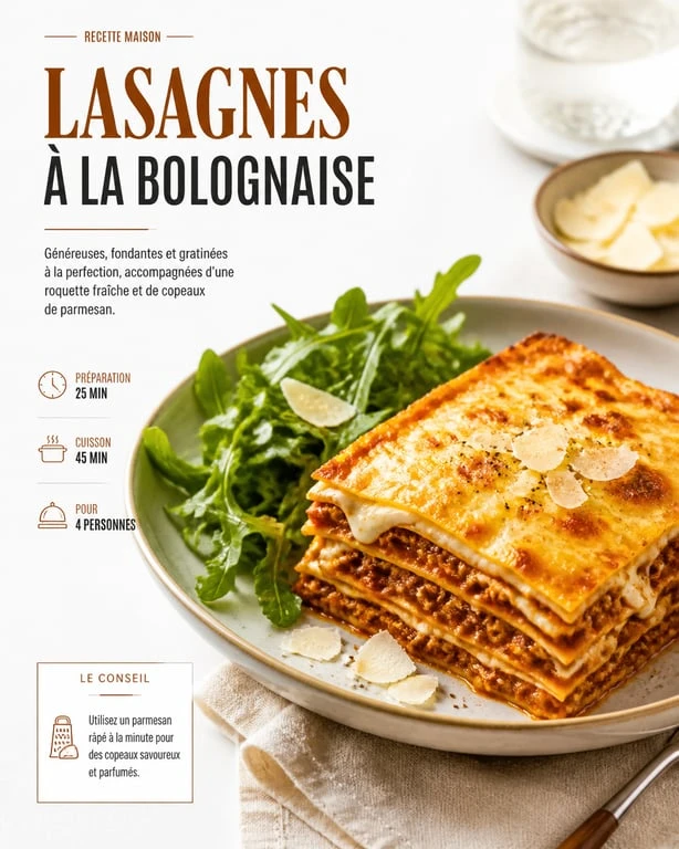 Assiette de lasagnes à la bolognaise avec une salade de roquette en accompagnement pour lasagne
