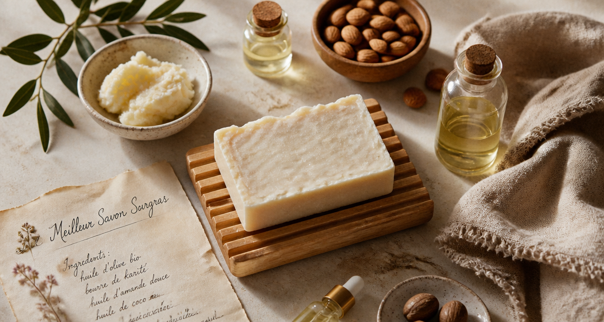 meilleur savon surgras sur porte-savon avec ingrédients naturels