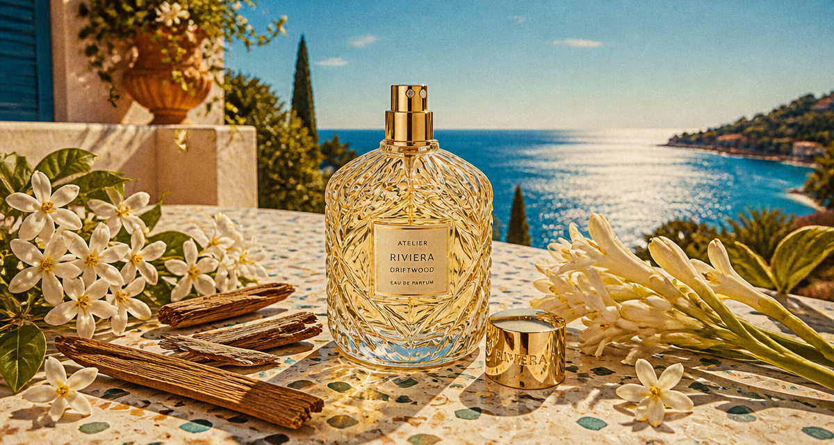 parfum femme 2025 flacon verre fleurs bois terrasse