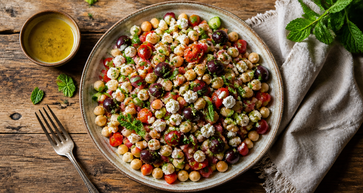 Recette de pois chiche en salade méditerranéenne avec feta et légumes