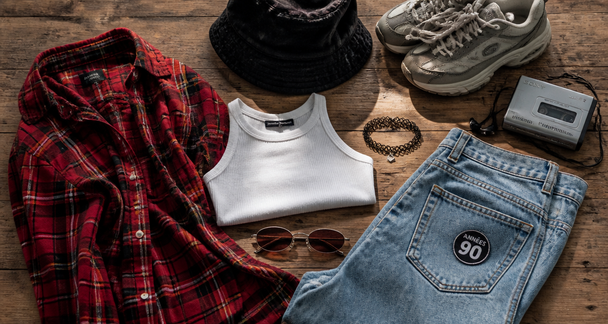 tenue année 90 flat lay grunge streetwear