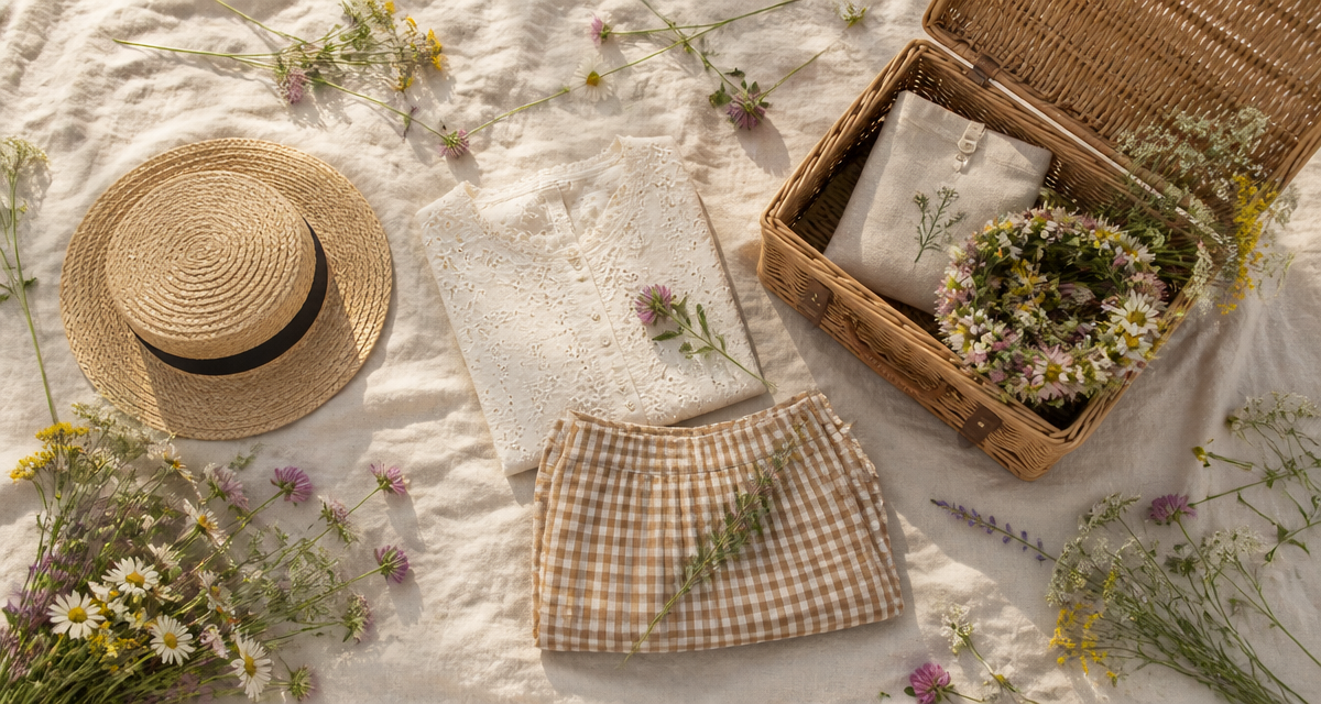 tenue champetre femme flat lay fleurs