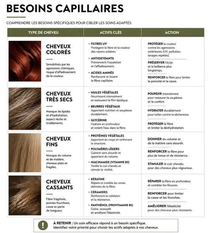Infographie récapitulative pour savoir quel shampoing choisir selon son type de cheveux et ses besoins spécifiques.