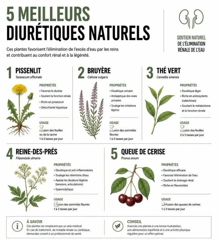 Infographie des 5 diurétiques naturels les plus puissants pour lutter contre la rétention d'eau