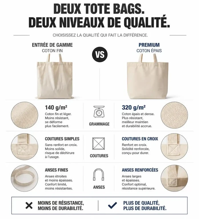 Comparatif visuel des caractéristiques techniques d'un tote bag : entrée de gamme vs qualité premium