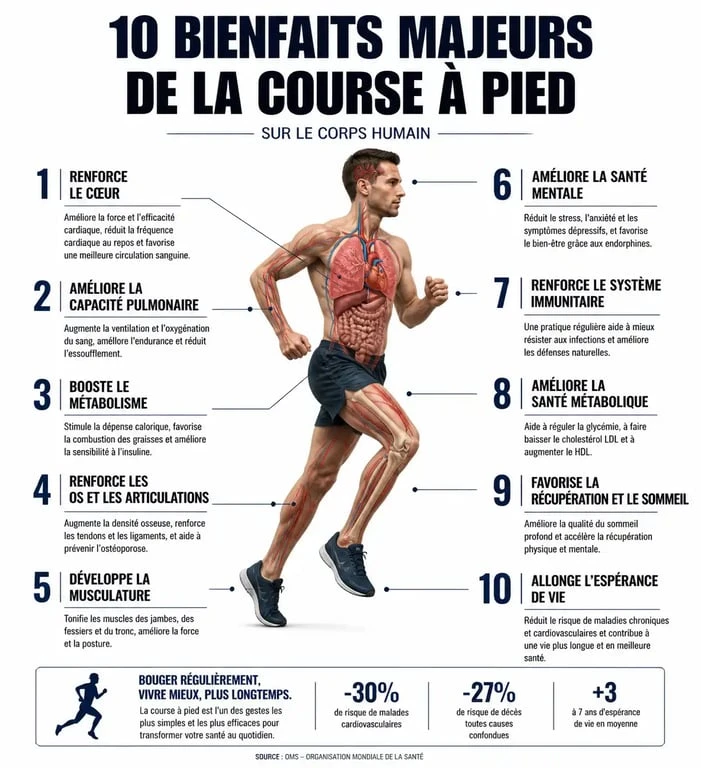 Infographie des 10 bienfaits de la course à pied sur la santé physique et mentale