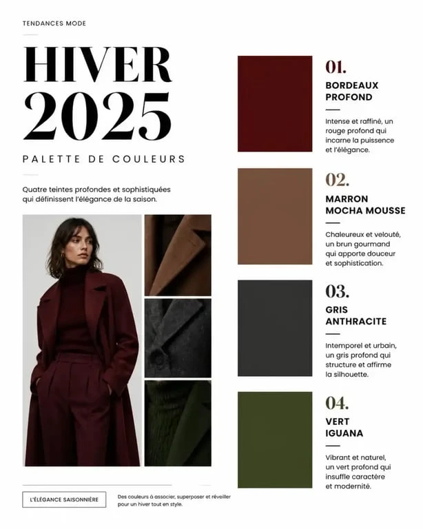Palette des couleurs tendance mode hiver 2025 : Bordeaux, Mocha Mousse, Anthracite et Vert Iguana