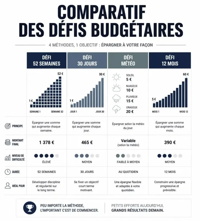 Infographie comparative des défis budget à imprimer pour économiser de l'argent